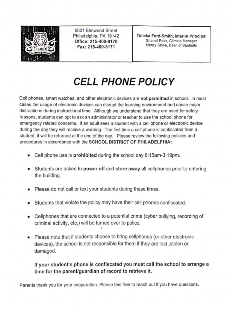 Cell Phone Policy Tilden Middle School