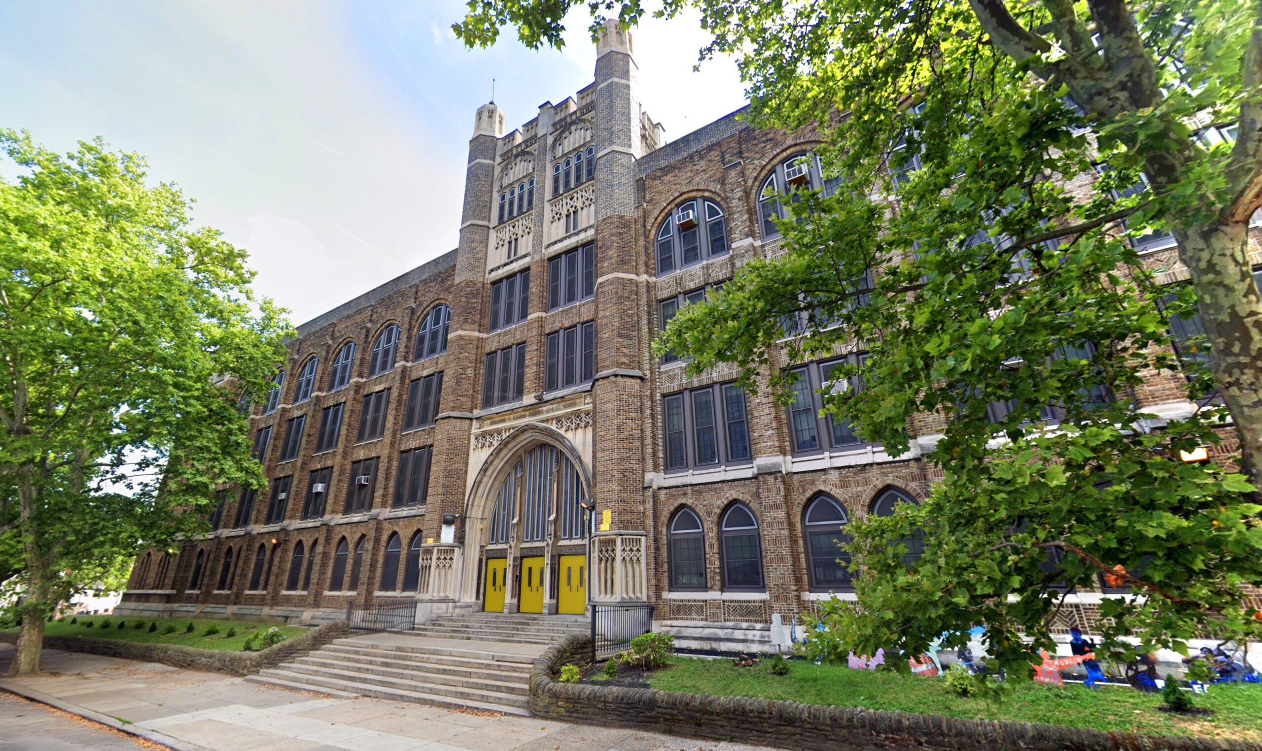 Front view of Tilden Middle School building Front entrance of Tilden Middle School in Philadelphia.